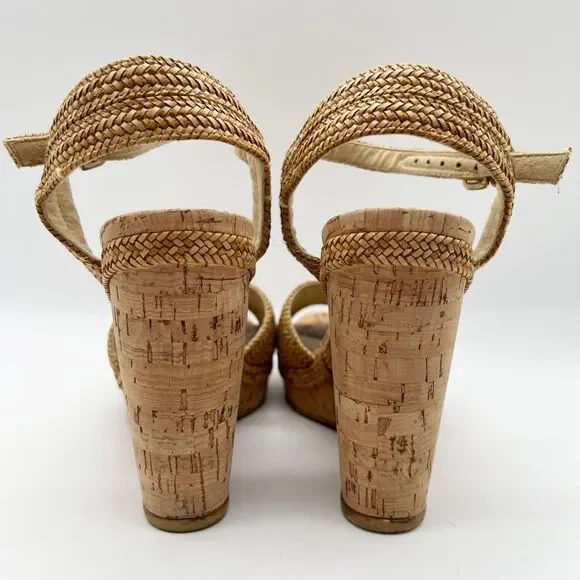 Stuart Weitzman Minx Tan Woven Leather Ankle Strap Cork Wedge Sandals Women’s 7 - Picture 10 of 16
